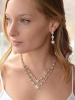 Mariell Gold Two-Row Rhinestone Crystal Necklace and Earrings Set - Prom, Brides and Bridesmaids Jewelry - Image 2
